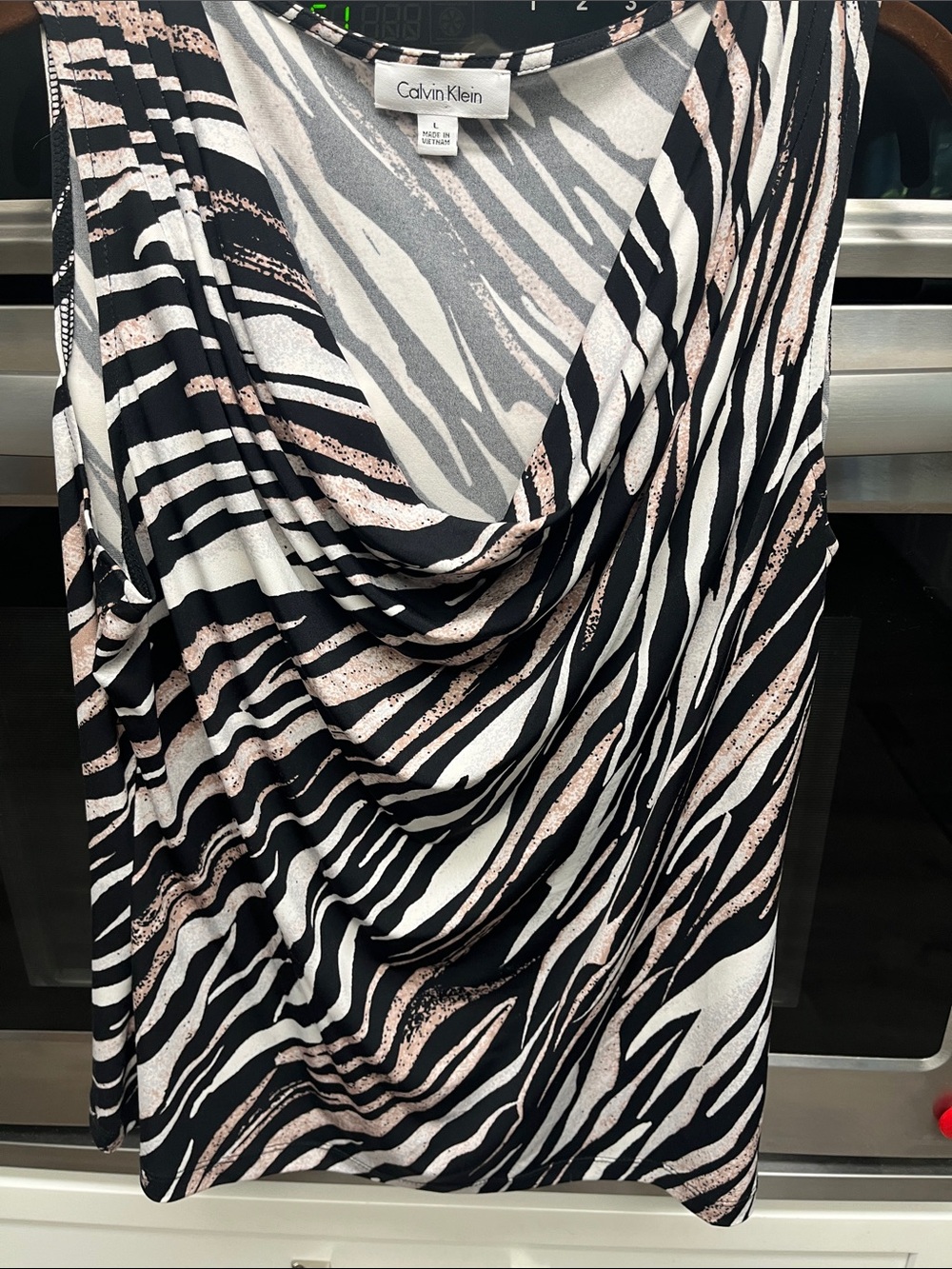 Calvin Klein Zebra-Print Cowl Neck Tank — Black, White & Blush